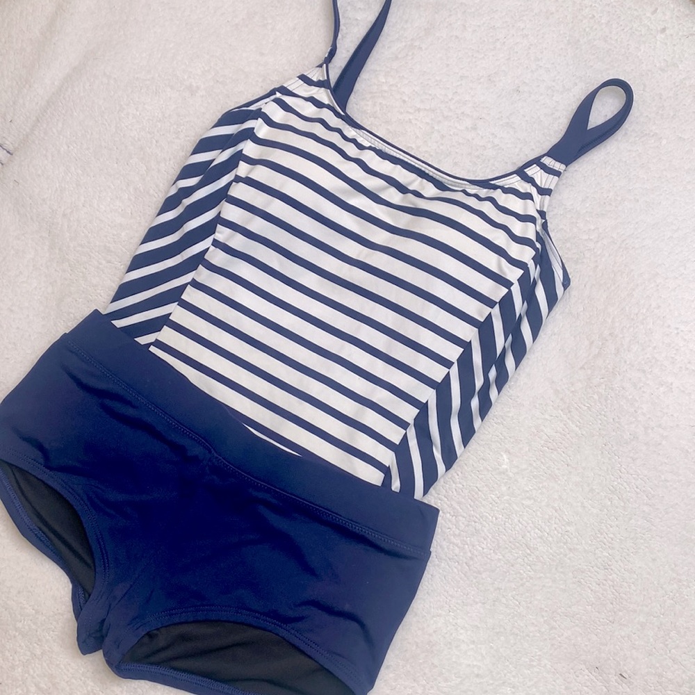 Lands' End Blue & White Striped 2-Piece Swimsuit Size 2 Bottoms Size 4 Top
